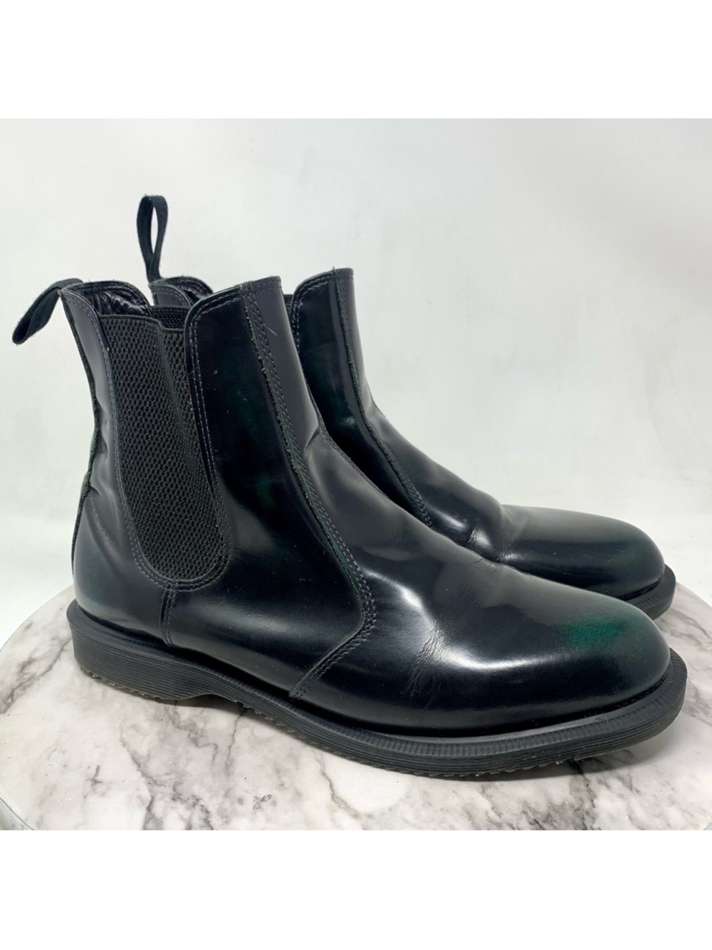 Dr. Martens Flora Blackened Green Patent Leather Chelsea Boots 10/40 Moto Edgy